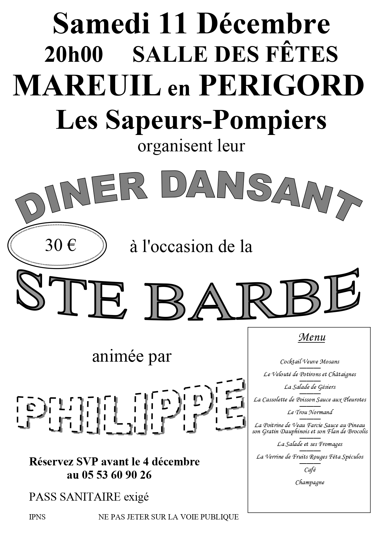 Repas dansant Ste Barbe – 11 décembre – ANNULÉ